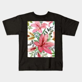 Transparent Lilly flowers and leaves watercolor seamless pattern. Translucent Summer tropical bouquets. Spring blossom garden Kids T-Shirt